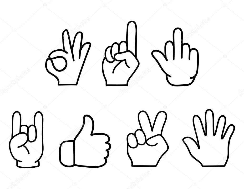 A set of 7 hand gestures. Simple Outline Icons. Thumbs up victory palm middle finger one rock and ok sign.