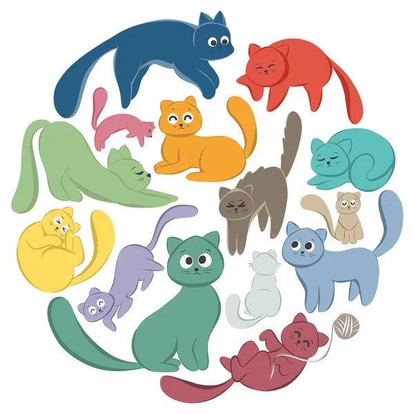 Zabawny Elegancki Kot Kocięta Różnych Postawach Aktywności Aktywne Kolorowe Koty — Wektor stockowy