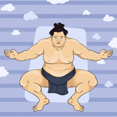 Sumo Wrestler standing in crouch stance. Front angle with background. Japanese Sport. clipart