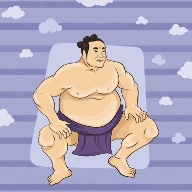 Sumo Wrestler standing in crouch stance. Side angle with background. Japanese Sport. clipart
