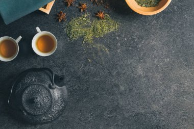 Siyah metal bir Japon çaydanlığıyla siyah taş bir masanın üstünde durgun bir hayatın en iyi stüdyo çekimi. Başlık için ücretsiz kopyalama alanı. Çay töreni konsepti. Sıcak içecek hazırlığı. Yeşil çay ve anason yıldızı.