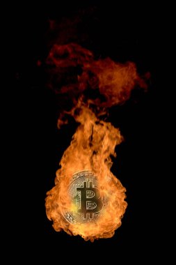 Altın Bitcoin 'in atölye çekimi siyah arka planda izole edilmiş. Değer büyümesi, elektronik para, kripto para birimi, zenginlik, tasarruf, yatırım, finans piyasaları, bullish piyasaları.