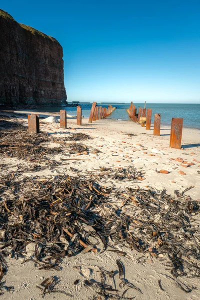 Vigas de acero oxidado, restos del antiguo muelle oceánico, en la playa de la isla de Helgoland, Alemania. Alto acantilado rojo en el fondo. Hierba marina en la arena en el frente. Hermoso día soleado de invierno. — Foto de Stock