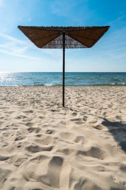 Yazın güneşli bir gününde boş kumlu sahilde Reed güneş gözlüğü. Baltık Denizi, Hel, Polonya. Tatil, tatil, yaz tatili.