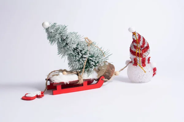 Snowman Pulling Red Sled Christmas Tree Them Close New Year — Stock Photo, Image