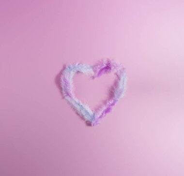 Pembe pastel arka planda kalp şeklinde tüyler. Görsel sanat, minimalist konsept.