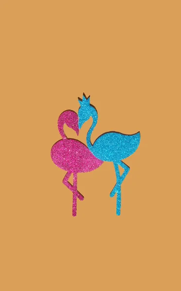 Pink Blue Flamingos Stickers Kissing Coral Background Minimalistic Flat Lay — Stockfoto