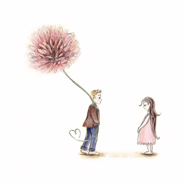 Cute cartoon girl and guy with a huge flower — стоковое фото