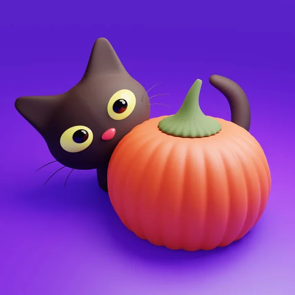 Черная кошка с оранжевой тыквой на фиолетовом фоне красочная мультяшная 3D иллюстрация. Симпатичный характер животного. Осенний настрой. Осенний сбор овощей. Дизайн украшения сада crop.Halloween. — стоковое фото