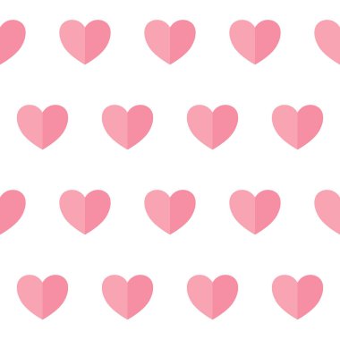 Beyaz vektörün arka plan dokusunu tekrarlayan pembe kalpli kusursuz desen. Geometrik düzenli tasarım ögesi şablonu. Tekstil ya da hediye kağıdı baskısı. Basit şekilli. Sevgililer Günü..