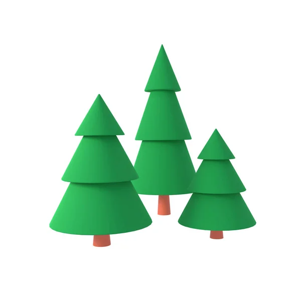 Three green firs or pine trees isolated on white background 3D render illustration. Cartoon stylized nature design elements. Christmas tree or outdoors park or forest clipart. Simple 3D icon or logo — Stock Photo, Image