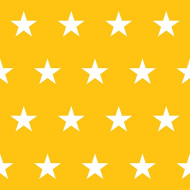 Soyut arkaplan dikişsiz kalıp fayans vektörü. Parlak sarı arka planda beyaz yıldızlar. Geometrik şekiller normal süs eşyası. Doku tekerrür ediyor. Arkaplan. Duvar kağıdı. Hediye paketi kağıdı. Kumaş izi