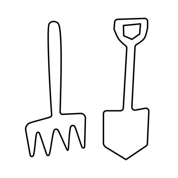 Schep en hark tuin handgereedschap zwarte omtrek doodle vector geïsoleerd op witte achtergrond. Contour lijn kunst tekening clipart design elementen. Kleurboek voor kinderen. Eenvoudig logo of pictogram sjabloon — Stockvector