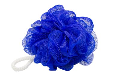 Blue mesh pouf bath sponge washcloth single object isolated on white background closeup photo. Soft synthetic shower wash cloth.Washing hygiene clipart design element. Spa body care accessory product