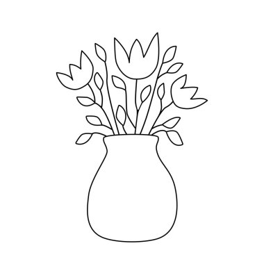 Flowers in a vase isolated vector illustration in black and white outline contour line art. Bouquet of blooming tulips for interior decoration. Birthday gift. Simple hand drawn clipart design element.