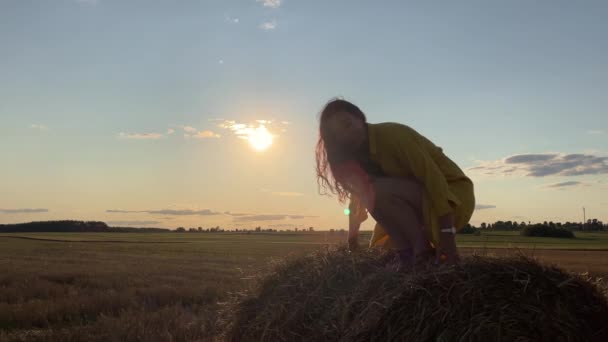 Meisje staat voorzichtig op gerolde hooiberg. Silhouet van meisje tegen zonsondergang — Stockvideo