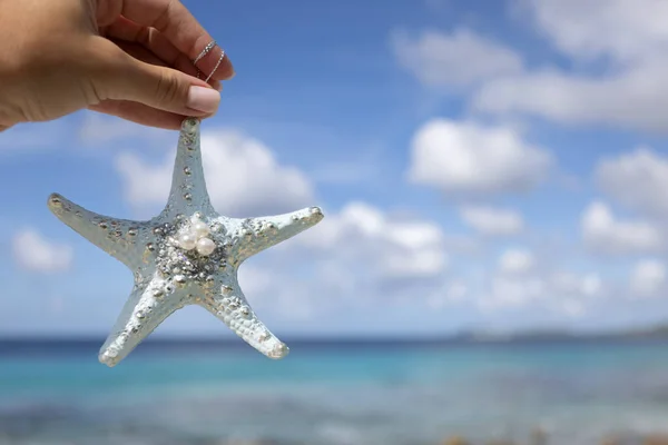 Жіноча рука тримає декоративну блискучу морську зірку з перлами на тлі морського пейзажу . — стокове фото