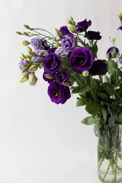 Vase en verre avec des fleurs violettes sur fond blanc. — Photo