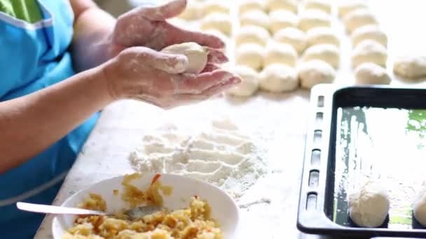 Kobieta gotuje ciasta z kapustą w domu. Gotowanie i pieczenie w domu. — Wideo stockowe