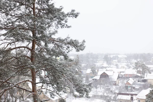 Kar yağarken özel evlere hava manzarası.