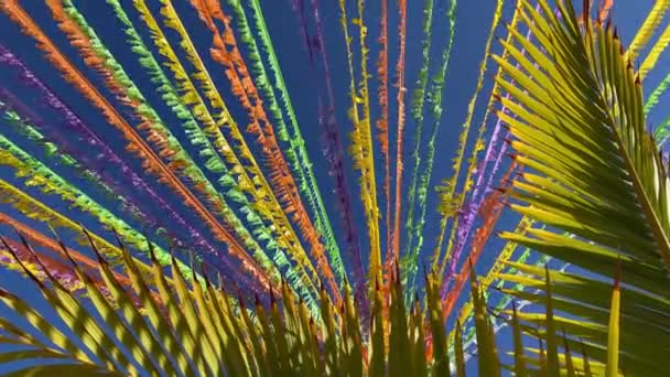 Mavi Gökyüzü Palmiye Yapraklarının Önündeki Caddeyi Süsleyen Çok Renkli Kurdeleler — Stok video