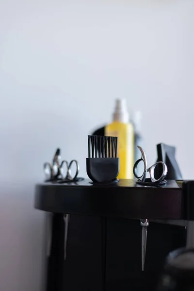 Professional Hairdresser Tools Special Table Selective Focus — Stock Photo, Image