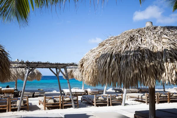 Strandclub Houten Ligstoelen Met Parasols Een Tropisch Strand — Stockfoto