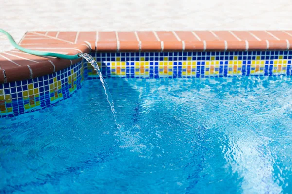 Water Pipe Filling Swimming Pool Closeup Pool Maintenance — Stock Photo, Image