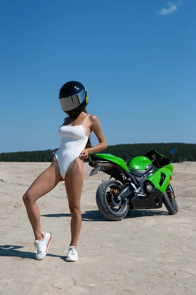 Sexy Slim Female White Swimsuit Helmet Standing Modern Green Motorcycle — Stock Photo, Image
