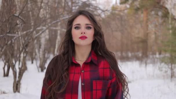 Charming female with long hair walking in snowy forest — Stock Video