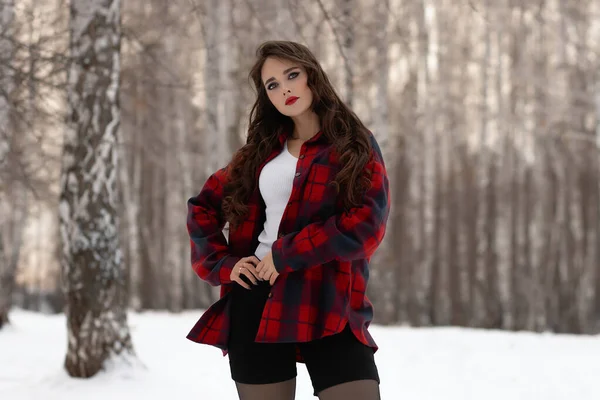 Charming Female Red Lips Checkered Shirt Touching Hair While Standing — Stock Photo, Image