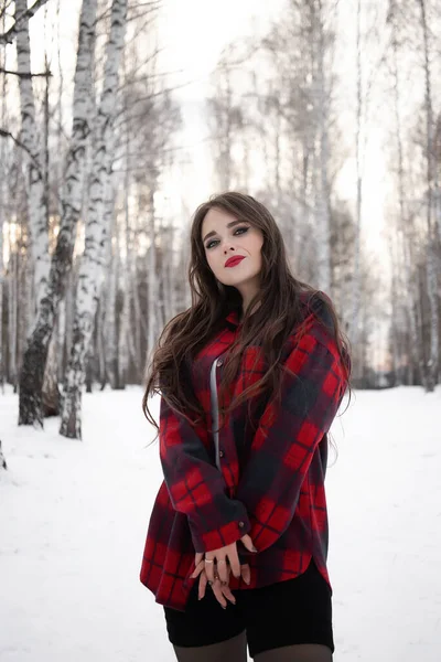 Charming Female Red Lips Checkered Shirt Touching Hair While Standing — Stock Photo, Image