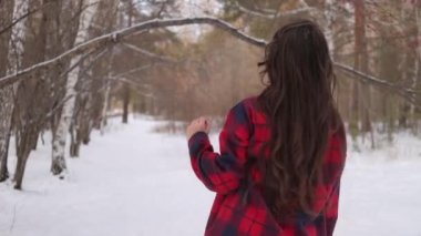 Karlı parkta karlı gömlekli bir kadın yürüyor.