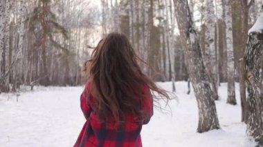 Karlı parkta karlı gömlekli bir kadın yürüyor.