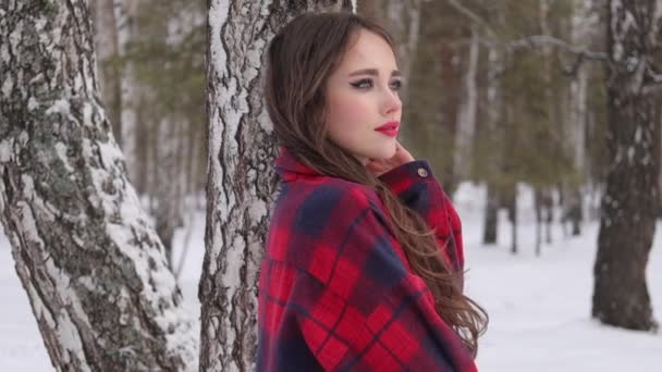 Giovane donna con capelli ondulati in piedi e faccia toccante nella foresta invernale — Video Stock