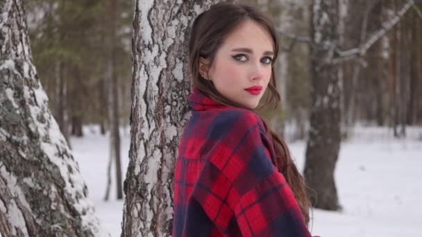 Mujer joven con el pelo ondulado de pie y la cara conmovedora en el bosque de invierno — Vídeos de Stock