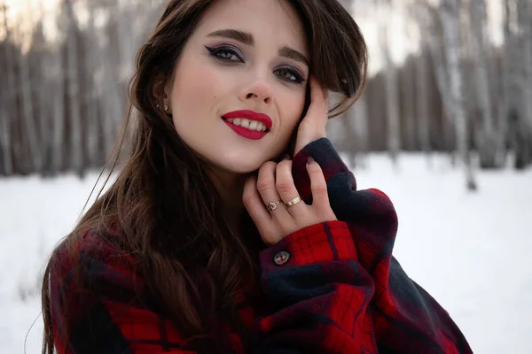 Charming Female Red Lips Checkered Shirt Touching Hair While Standing — Stock Photo, Image