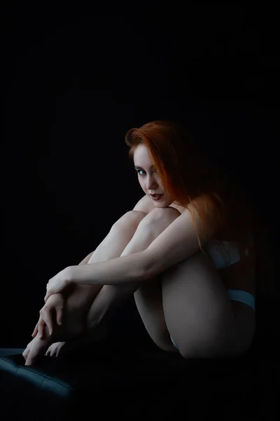 Low Angle Alluring Ginger Female White Underwear Sitting Bed Touching — Fotografia de Stock