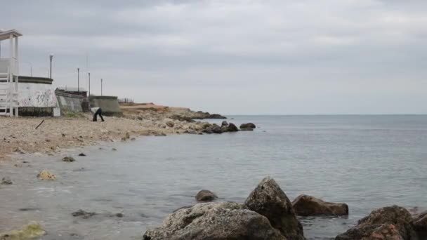 Wet stony coast washed by rippling sea — Stockvideo