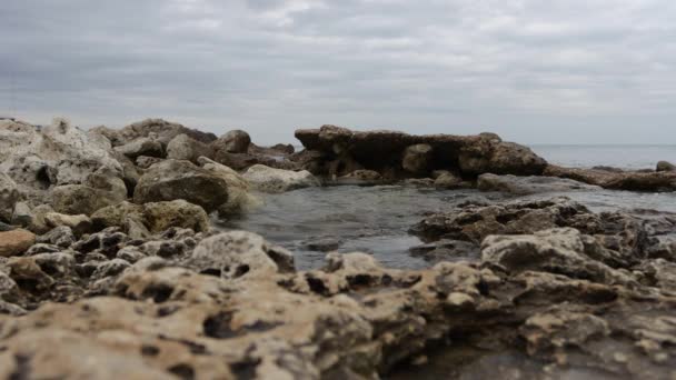 Wet stony coast washed by rippling sea — Vídeo de Stock