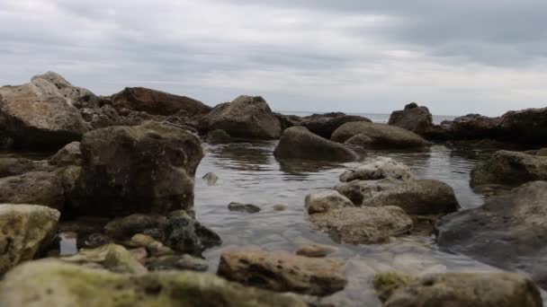 Wet stony coast washed by rippling sea — Vídeo de Stock