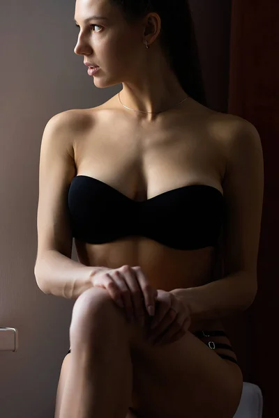 Hoge Hoek Van Sensuele Slank Model Met Lang Bruin Haar — Stockfoto