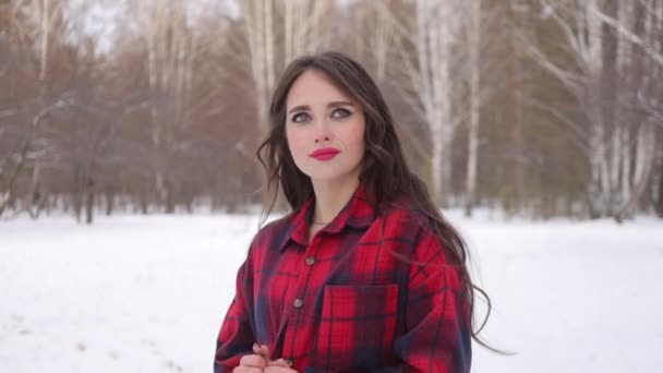 Mulher encantadora com cabelos longos andando na floresta nevada — Vídeo de Stock