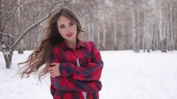 Frau im karierten Hemd spaziert durch verschneiten Park — Stockvideo