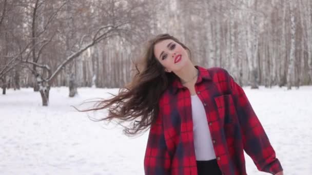 Frau im karierten Hemd spaziert durch verschneiten Park — Stockvideo