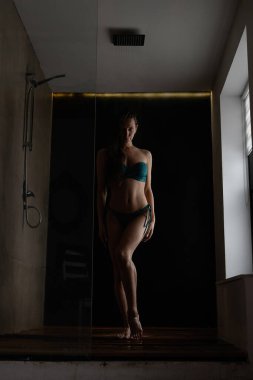 Uzun ıslak saçlı seksi esmer. Mavi mayo giyiyor, omuzları çıplak ve göbeğine dokunuyor. Siyah arka plana bakıyor.