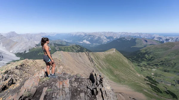Dağın tepesindeki zirvenin tadını çıkaran kadın yürüyüşçü Kanada 'daki Kanada Rocky Dağları.