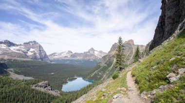 Mavi buzullu gölü, ormanı ve çevresindeki tepeleri olan güzel dağlık vadi geniş Kanada manzaralı.