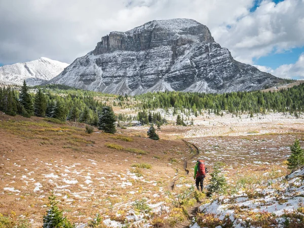 Bulutlu bir günde büyük bir dağa doğru yürüyen taşra yürüyüşçüsü, Assiniboine Prov Park, Kanada