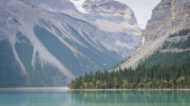 Dağlarla çevrili güzel turkuaz alp gölü, detaylı çekim, Mount Robson PP, Kanada.